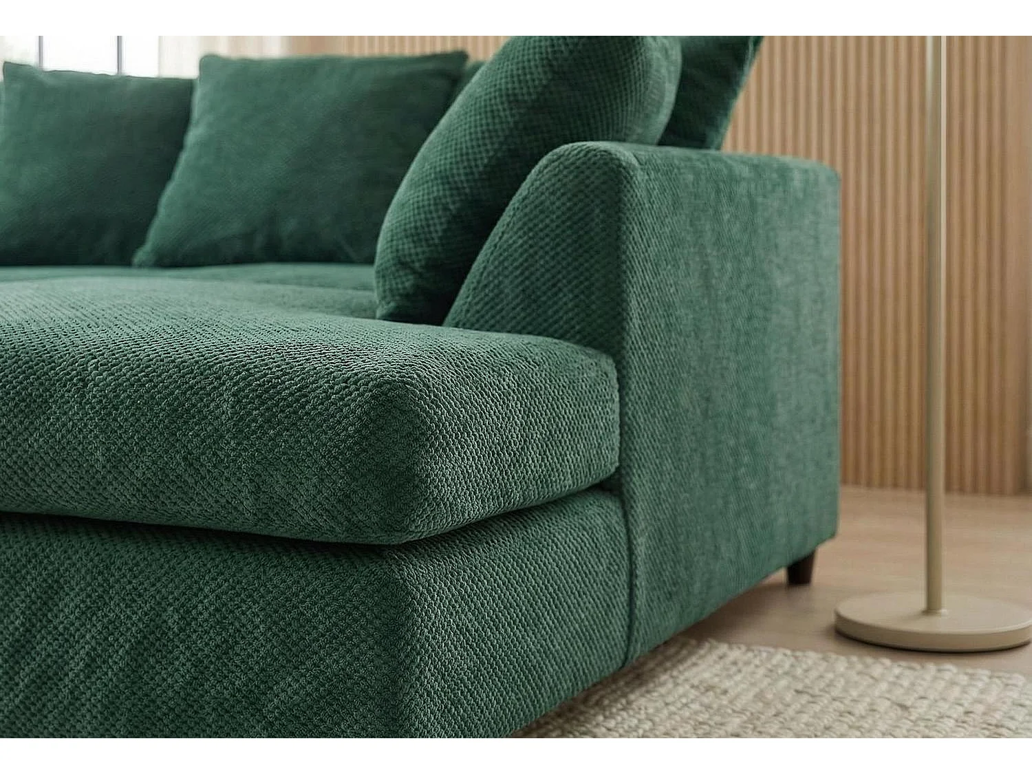 Jumbo Grid-Textured Fabric Corner Sofa with Scatter Cushions Right Facing Forest Green