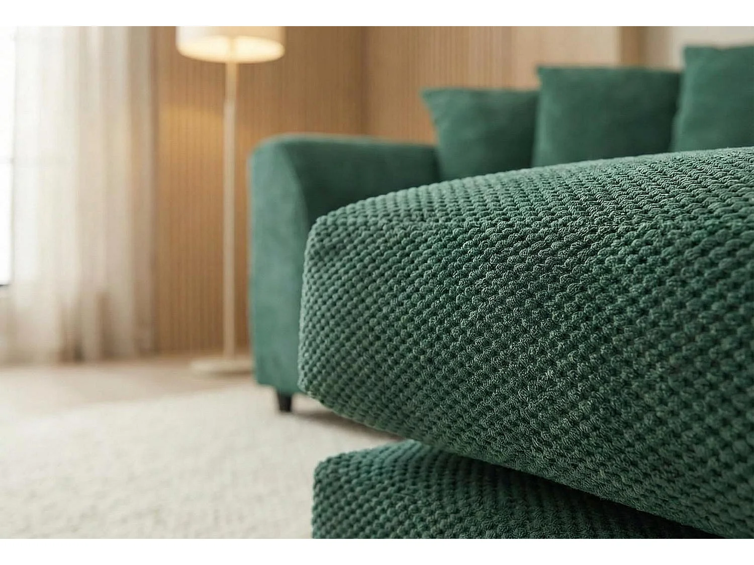 Jumbo Grid-Textured Fabric Corner Sofa with Scatter Cushions Right Facing Forest Green