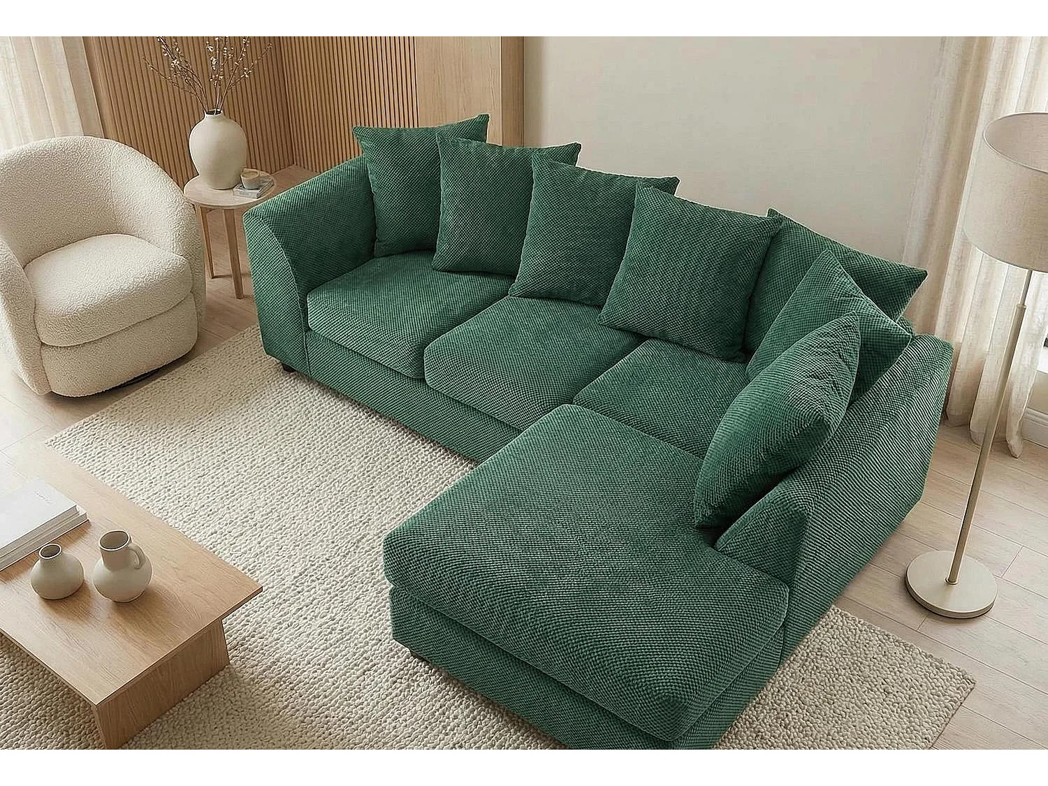 Jumbo Grid-Textured Fabric Corner Sofa with Scatter Cushions Right Facing Forest Green