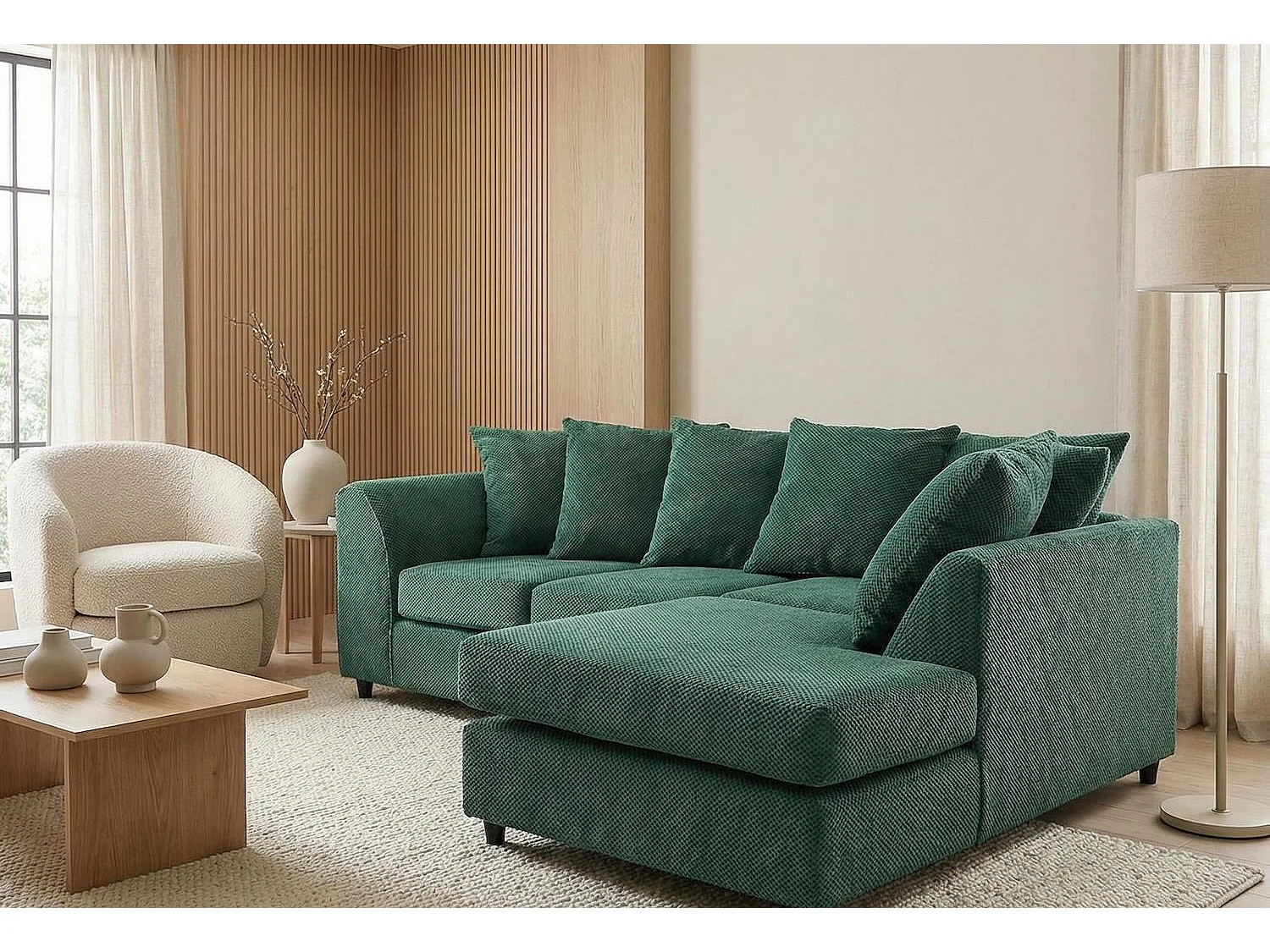 Jumbo Grid-Textured Fabric Corner Sofa with Scatter Cushions Right Facing Forest Green