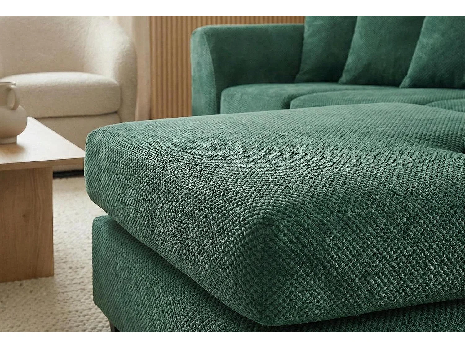 Jumbo Grid-Textured Fabric Corner Sofa with Scatter Cushions Right Facing Forest Green