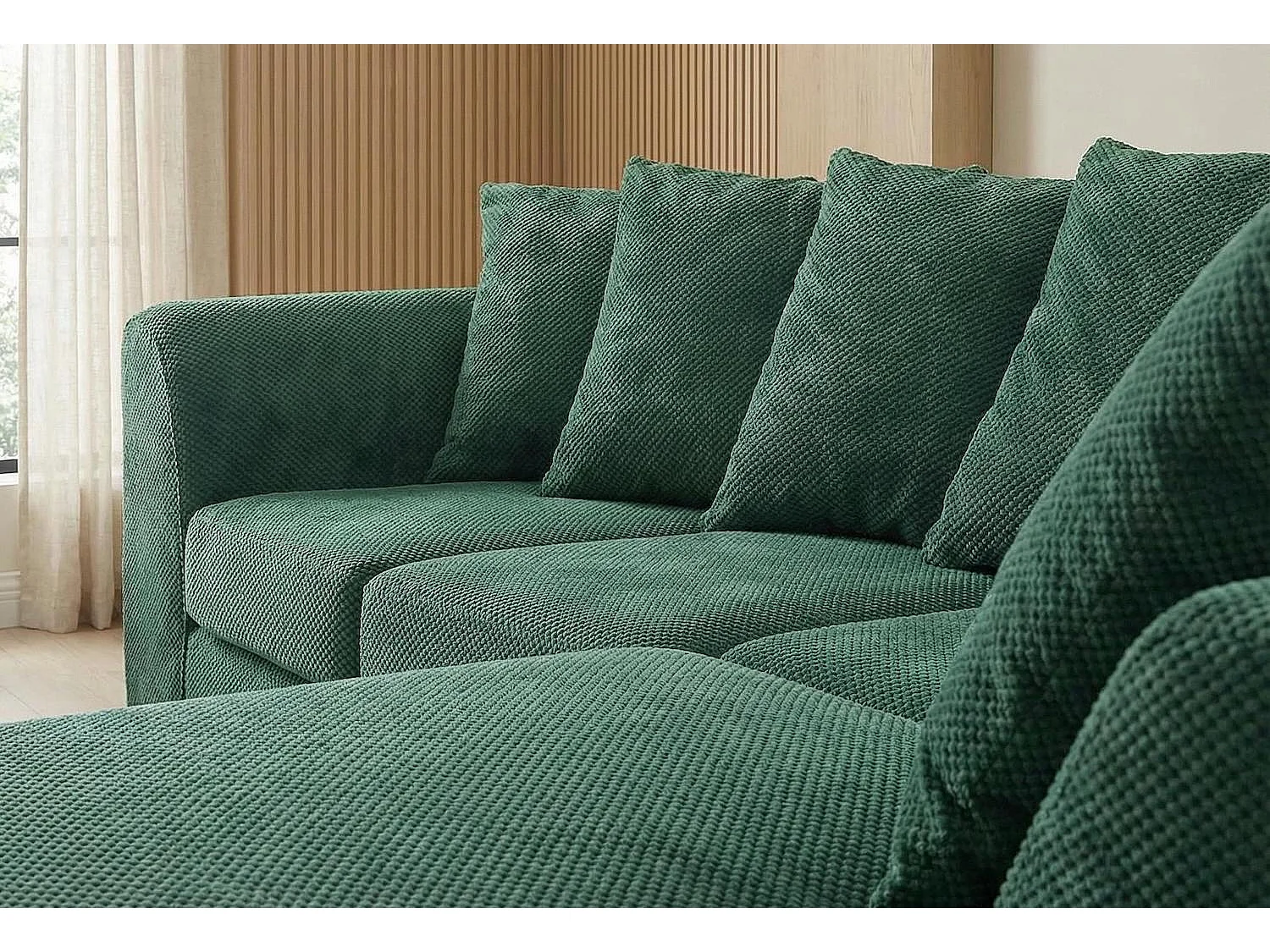 Jumbo Grid-Textured Fabric Corner Sofa with Scatter Cushions Right Facing Forest Green
