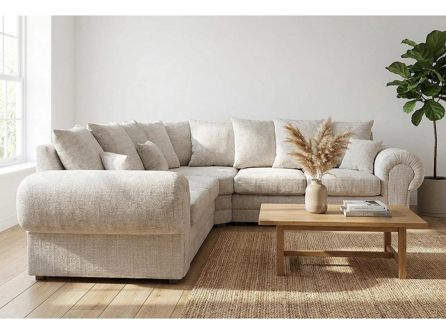 Verona Chenille Corner Sofa with Deep Seats and Angular Arms in Cream