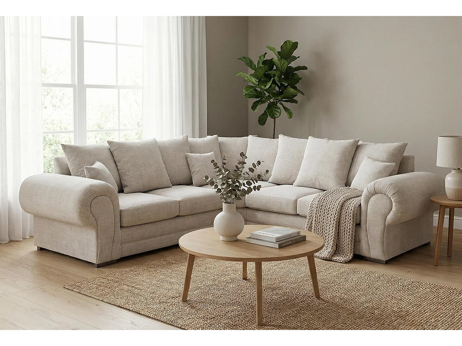 Verona Chenille Corner Sofa with Deep Seats and Angular Arms in Cream