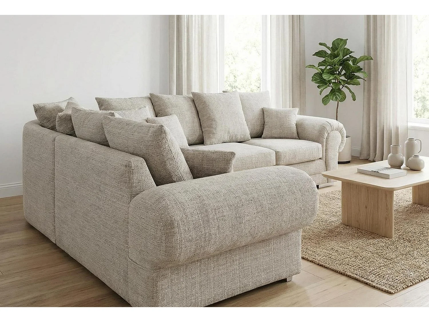 Verona Chenille Corner Sofa with Deep Seats and Angular Arms in Cream