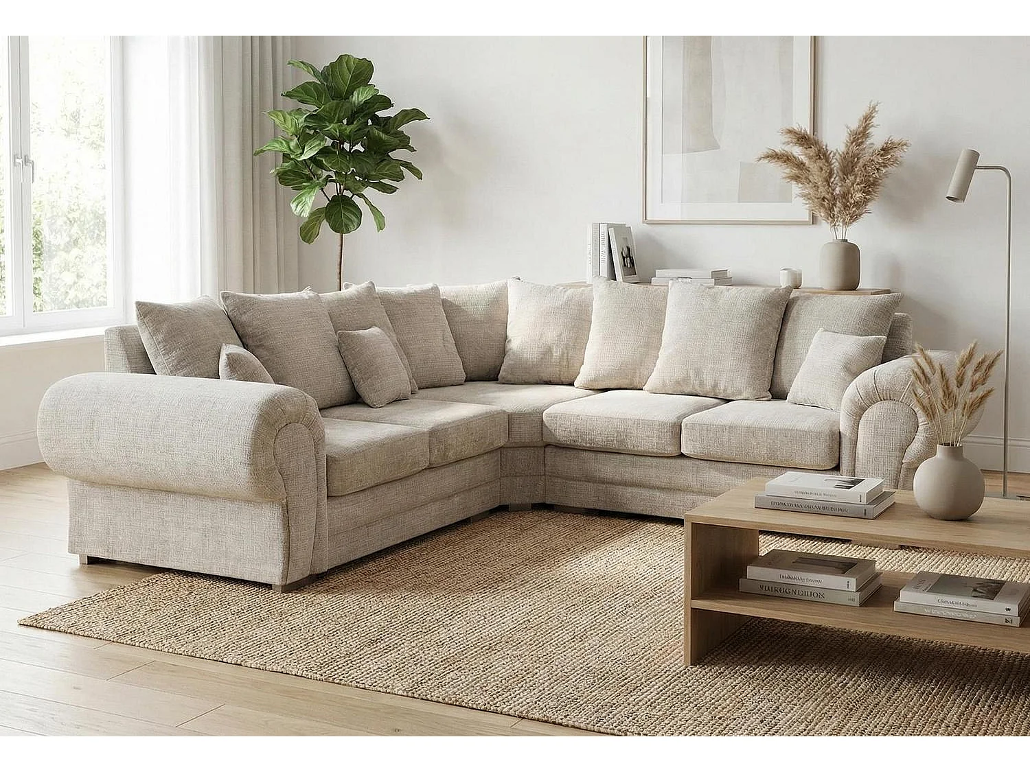 Verona Chenille Corner Sofa with Deep Seats and Angular Arms in Cream