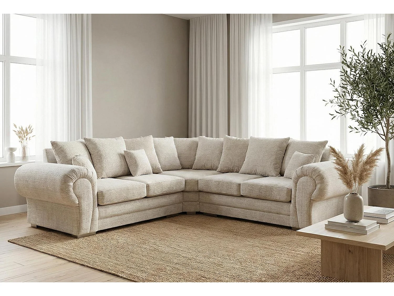 Verona Chenille Corner Sofa with Deep Seats and Angular Arms in Cream