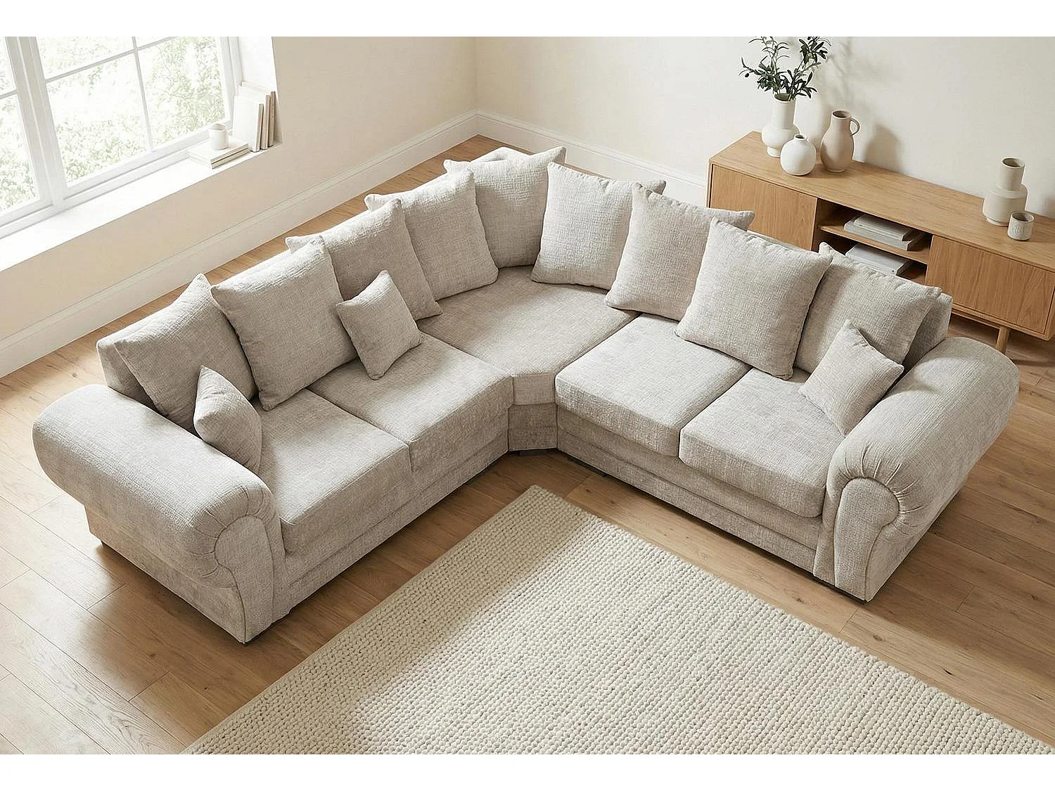 Verona Chenille Corner Sofa with Deep Seats and Angular Arms in Cream