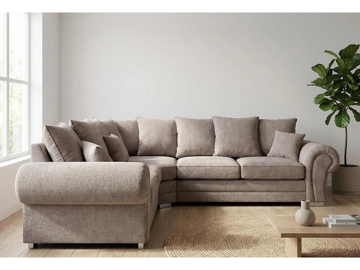 Verona Chenille Corner Sofa with Deep Seats and Angular Arms in Taupe