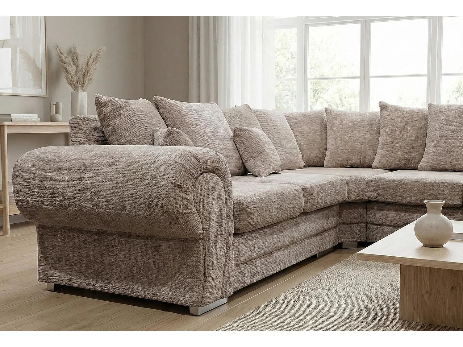 Verona Chenille Corner Sofa with Deep Seats and Angular Arms in Taupe