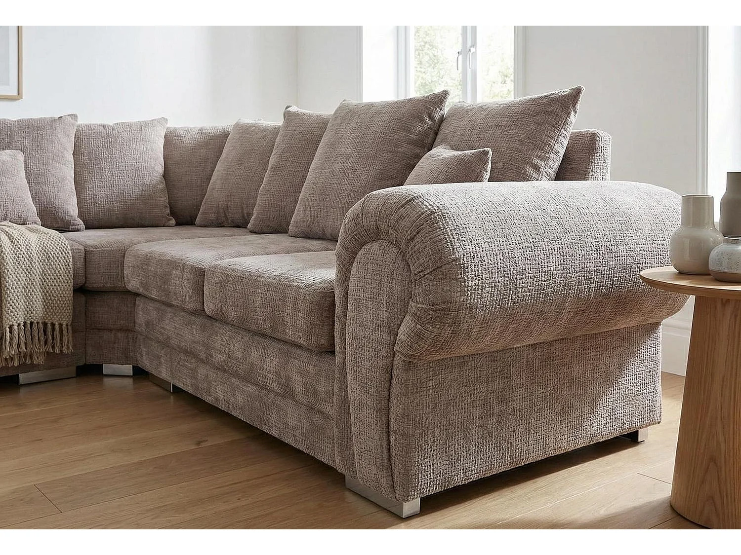 Verona Chenille Corner Sofa with Deep Seats and Angular Arms in Taupe