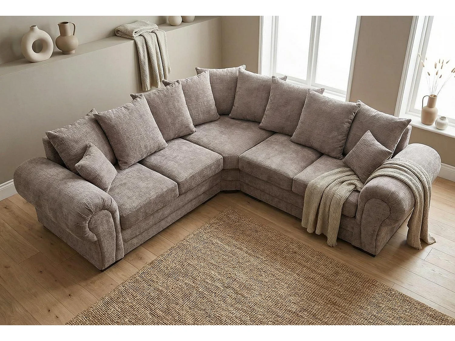 Verona Chenille Corner Sofa with Deep Seats and Angular Arms in Taupe