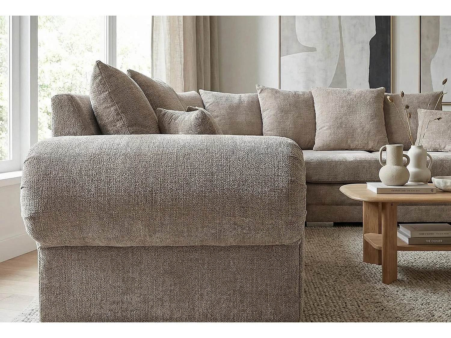 Verona Chenille Corner Sofa with Deep Seats and Angular Arms in Taupe