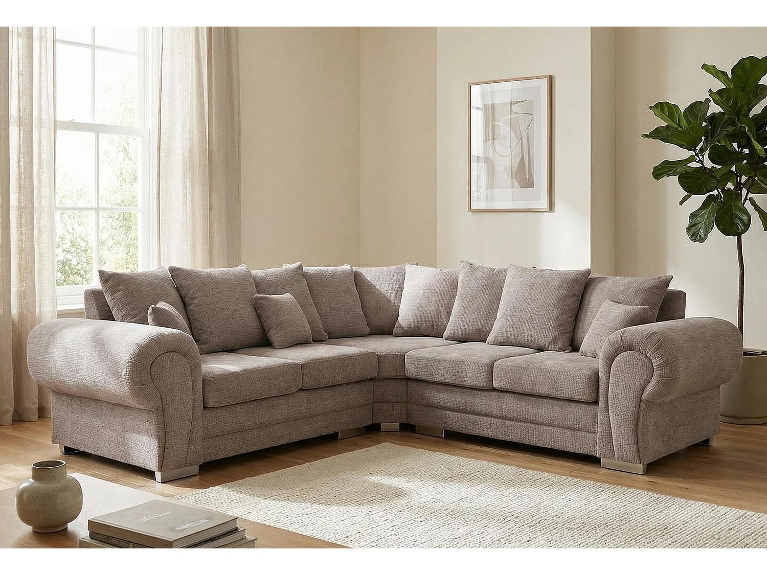 Verona Chenille Corner Sofa with Deep Seats and Angular Arms in Taupe
