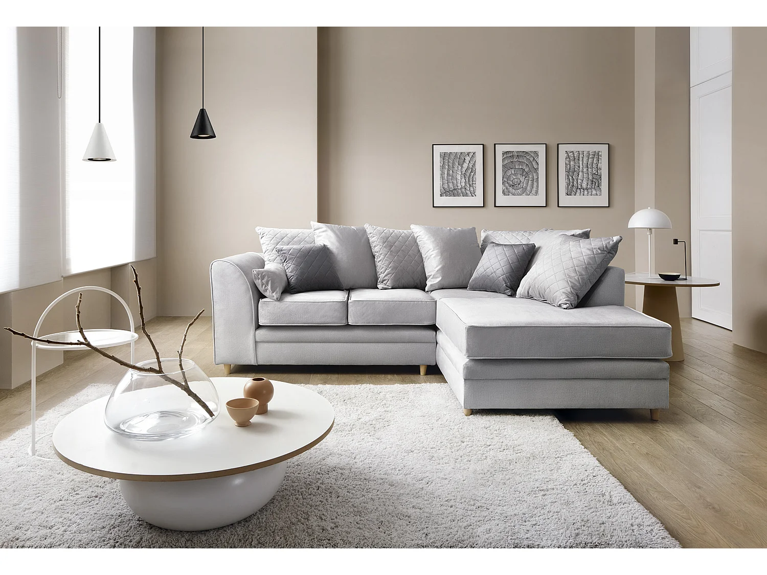 Chicago Velvet Right Facing Corner Sofa in Light Grey