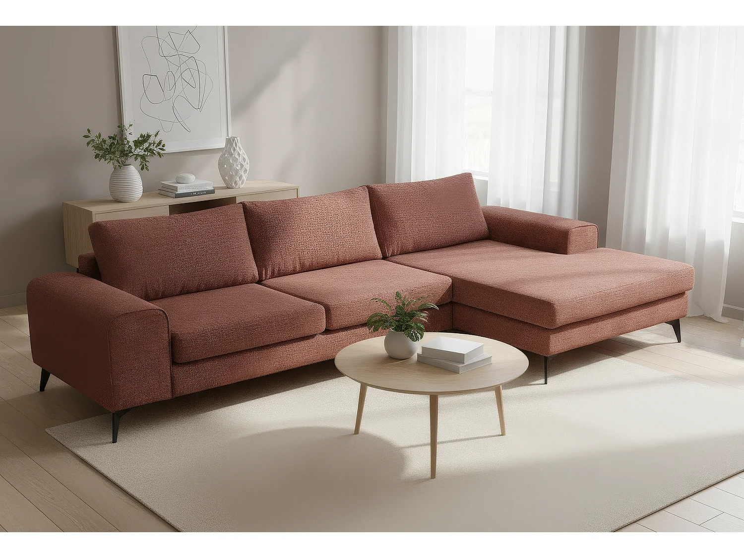 Venice Basket Weave Corner Sofa Right Facing in Burgundy