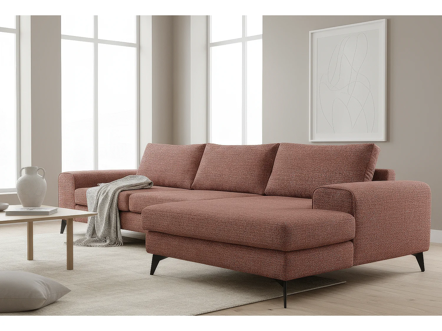 Venice Basket Weave Corner Sofa Right Facing in Burgundy