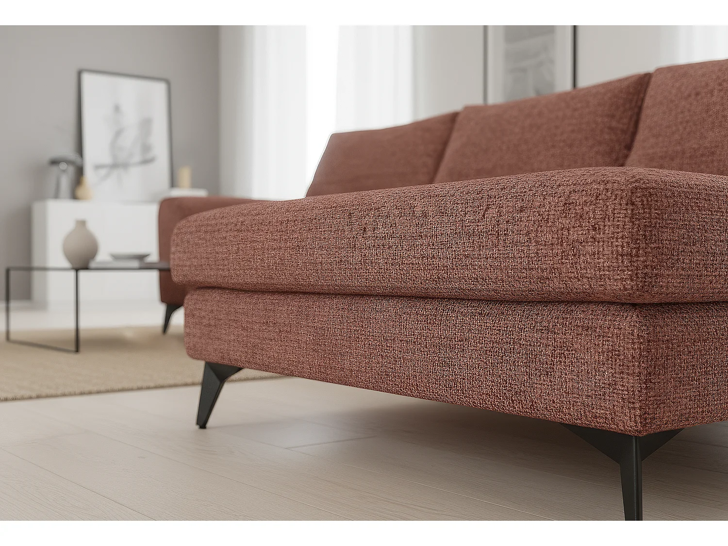Venice Basket Weave Corner Sofa Right Facing in Burgundy