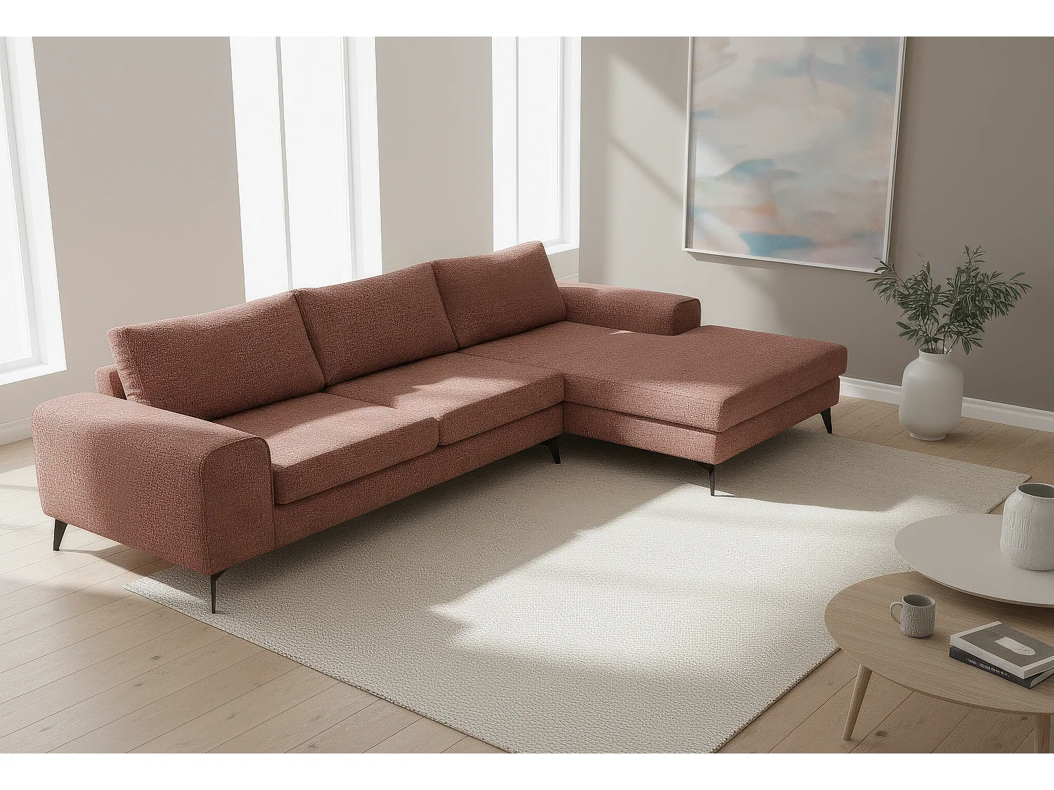 Venice Basket Weave Corner Sofa Right Facing in Burgundy