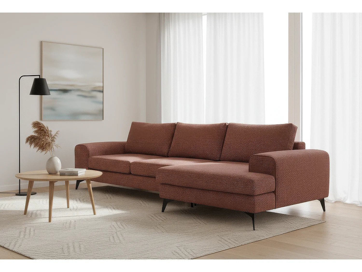 Venice Basket Weave Corner Sofa Right Facing in Burgundy