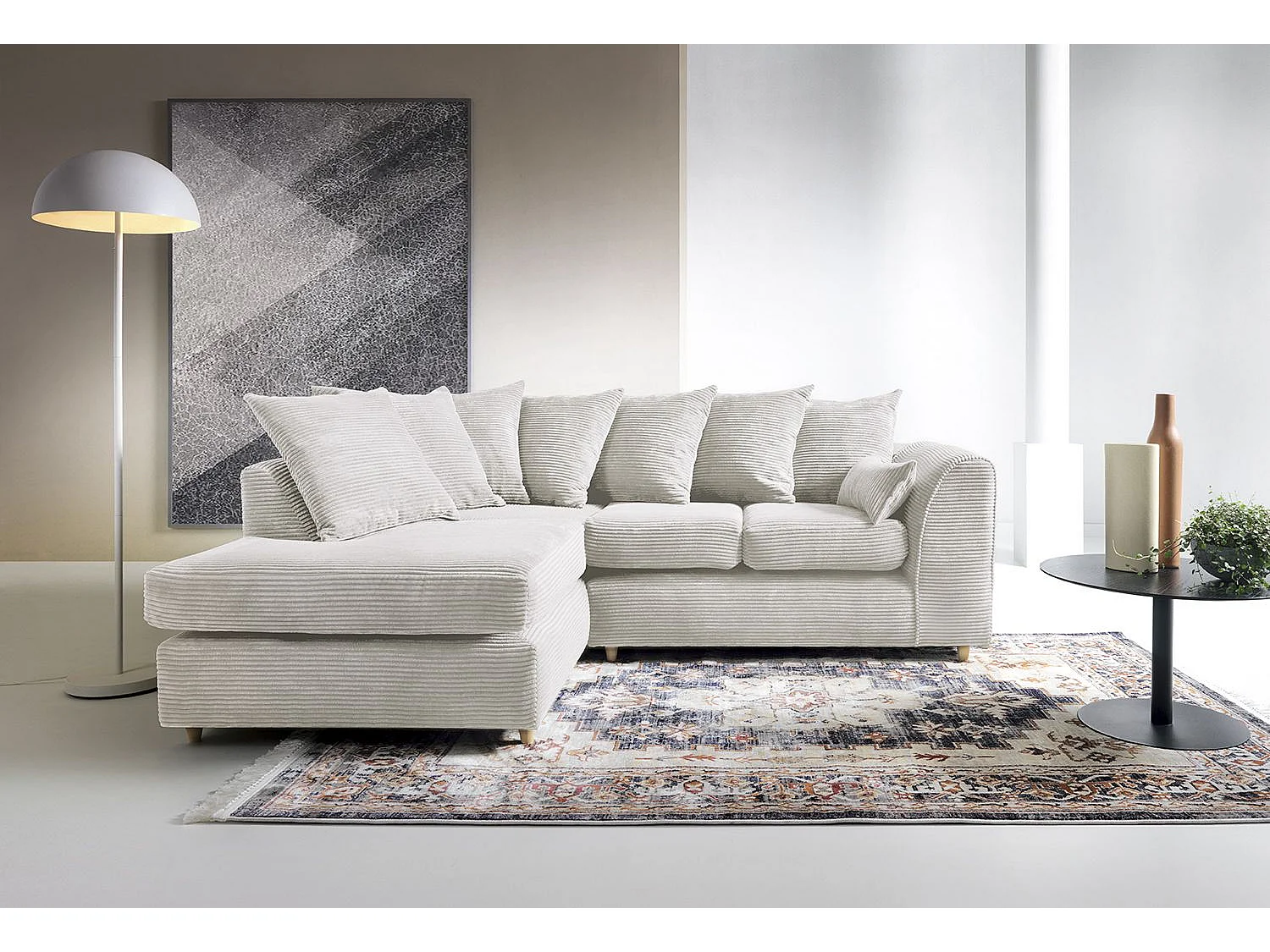 Jumbo Cord Fabric Corner Sofa with Scatter Cushions Left Facing White