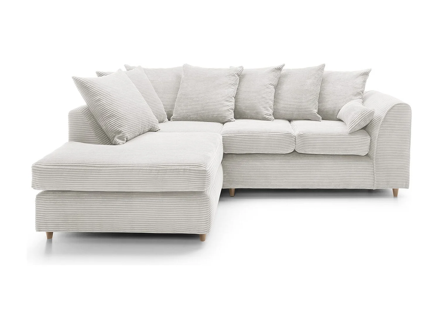 Jumbo Cord Fabric Corner Sofa with Scatter Cushions Left Facing White