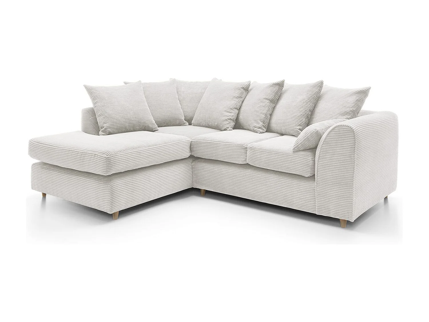 Jumbo Cord Fabric Corner Sofa with Scatter Cushions Left Facing White