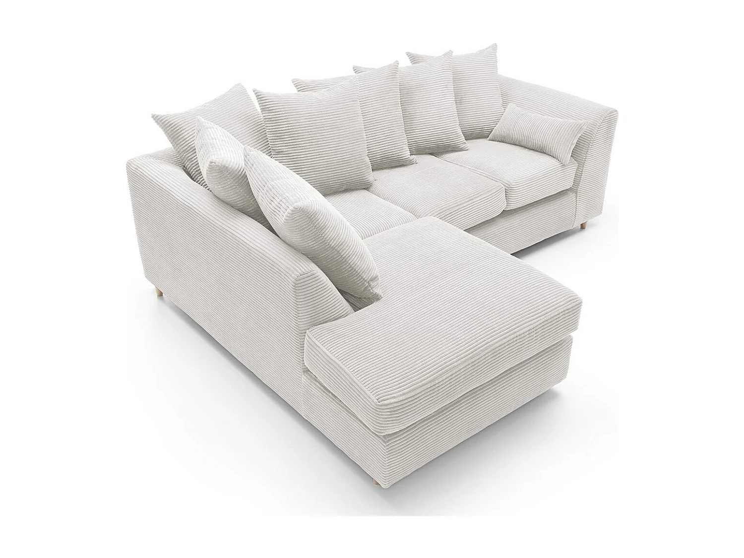 Jumbo Cord Fabric Corner Sofa with Scatter Cushions Left Facing White