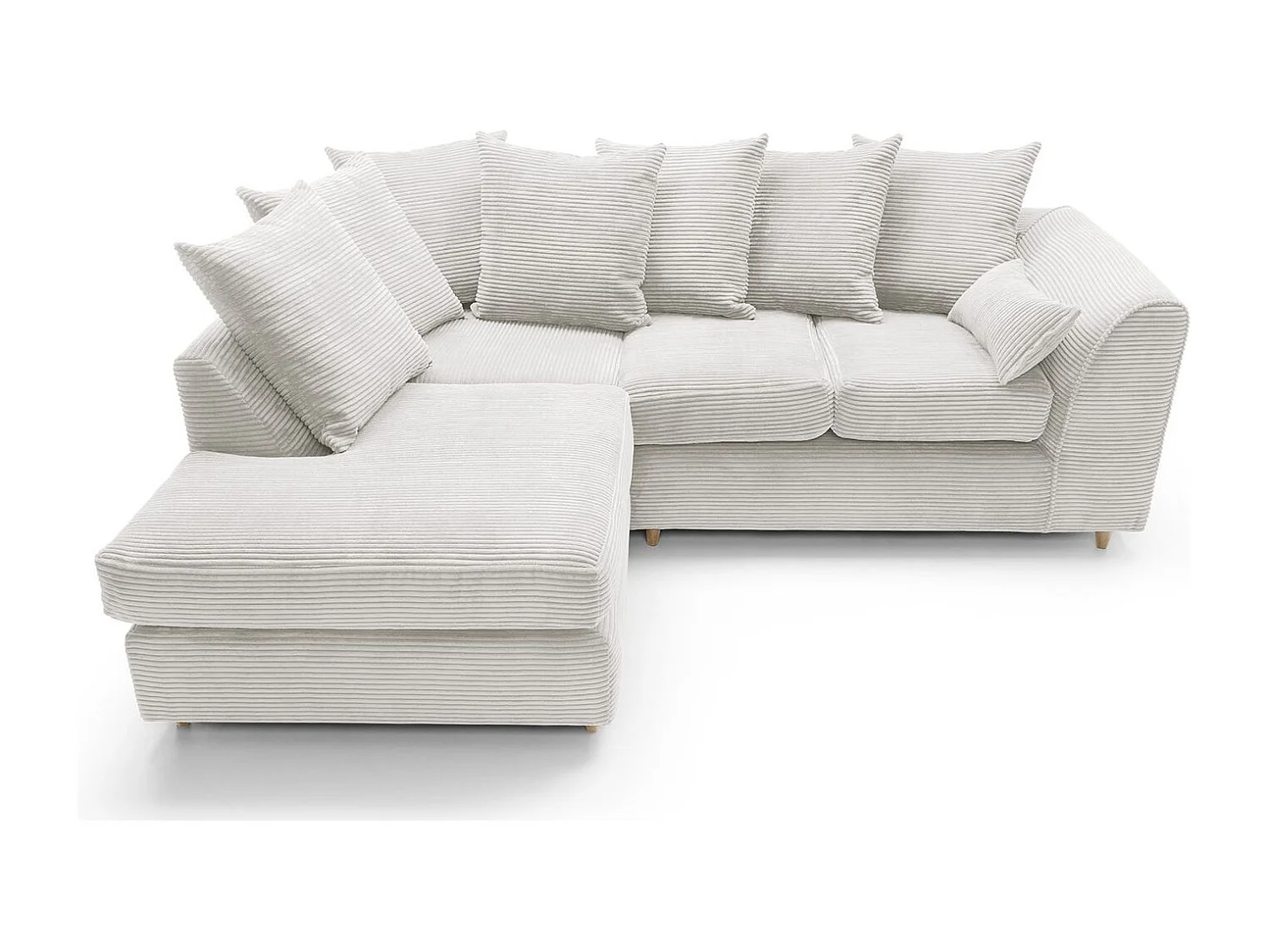 Jumbo Cord Fabric Corner Sofa with Scatter Cushions Left Facing White