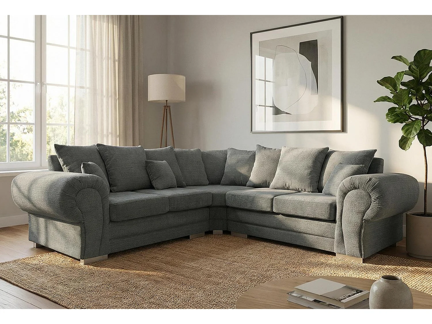 Verona Chenille Corner Sofa with Deep Seats and Angular Arms in Charcoal