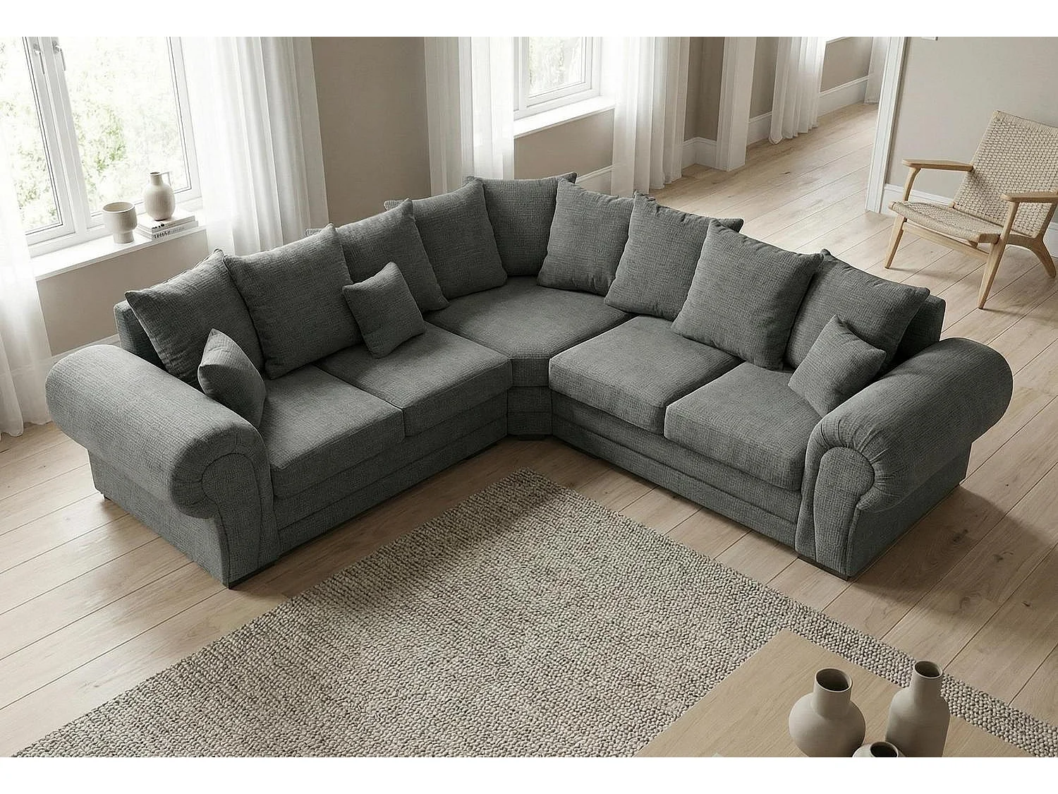 Verona Chenille Corner Sofa with Deep Seats and Angular Arms in Charcoal