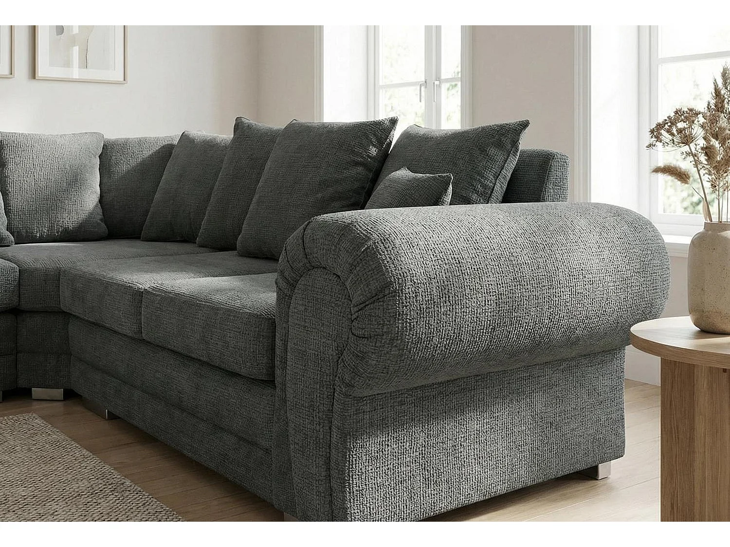 Verona Chenille Corner Sofa with Deep Seats and Angular Arms in Charcoal