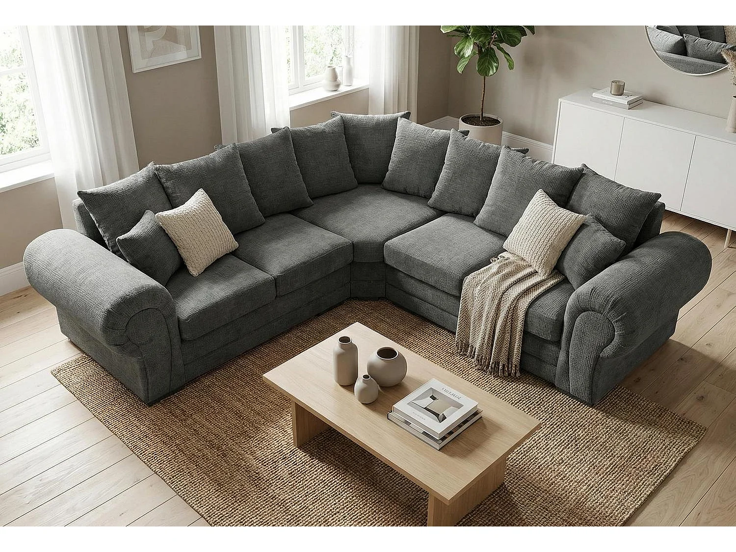 Verona Chenille Corner Sofa with Deep Seats and Angular Arms in Charcoal