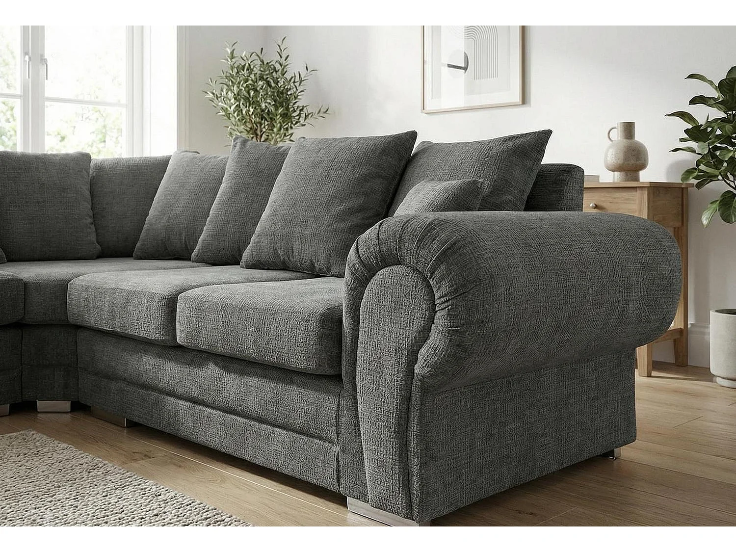 Verona Chenille Corner Sofa with Deep Seats and Angular Arms in Charcoal