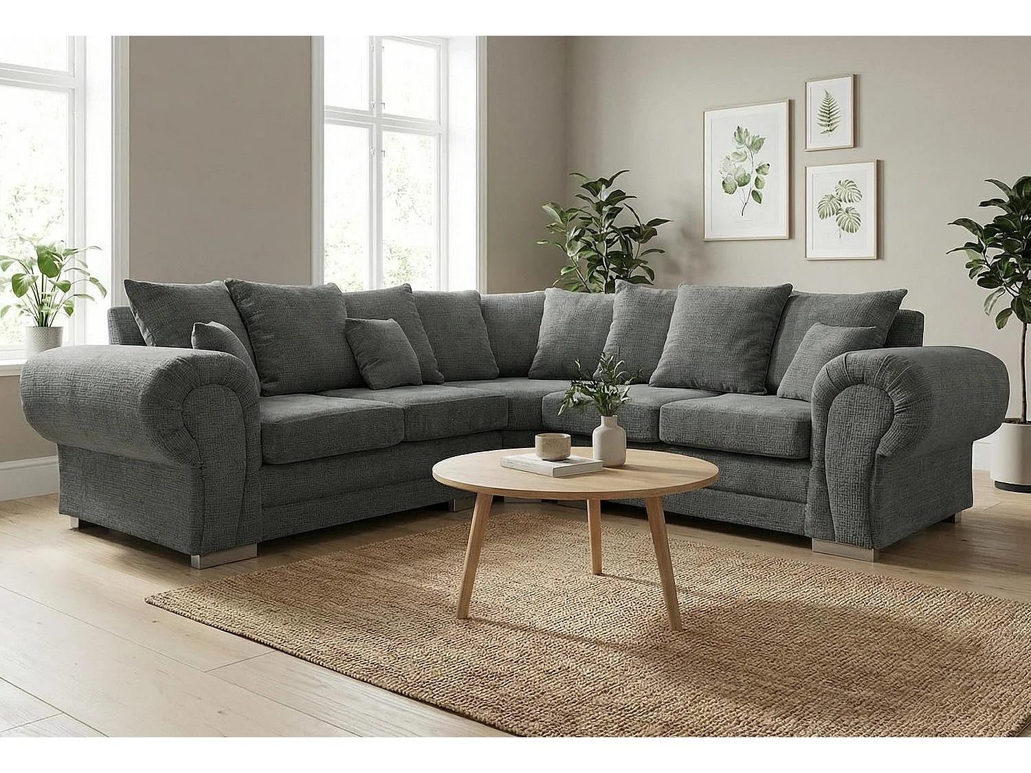 Verona Chenille Corner Sofa with Deep Seats and Angular Arms in Charcoal
