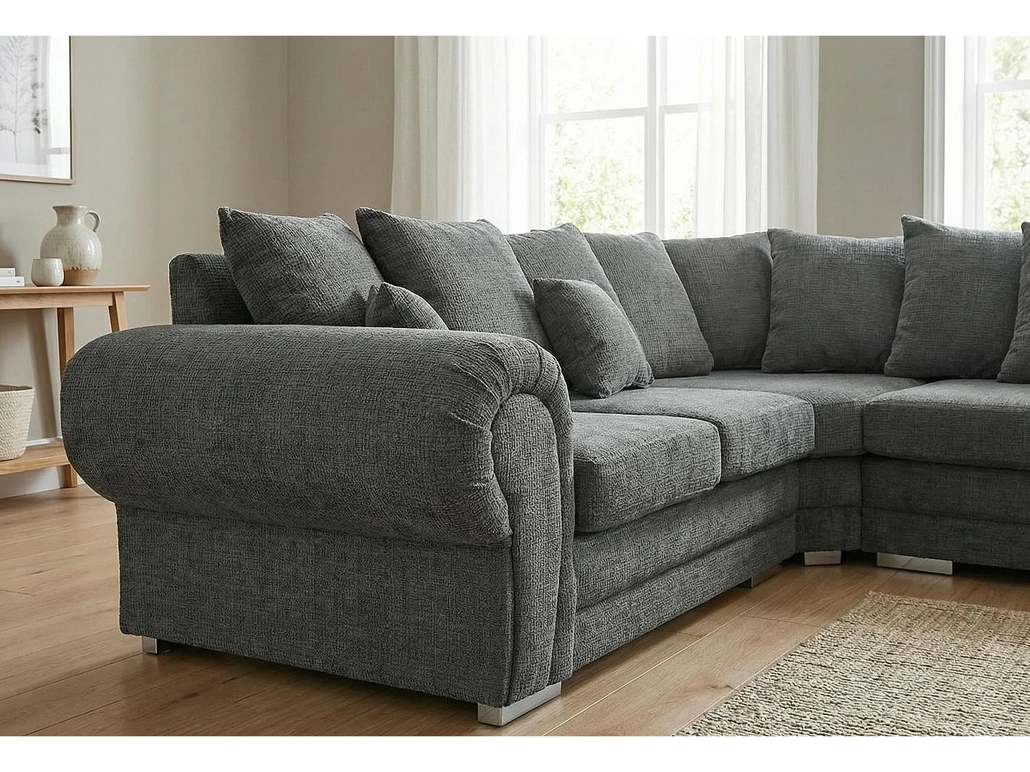 Verona Chenille Corner Sofa with Deep Seats and Angular Arms in Charcoal