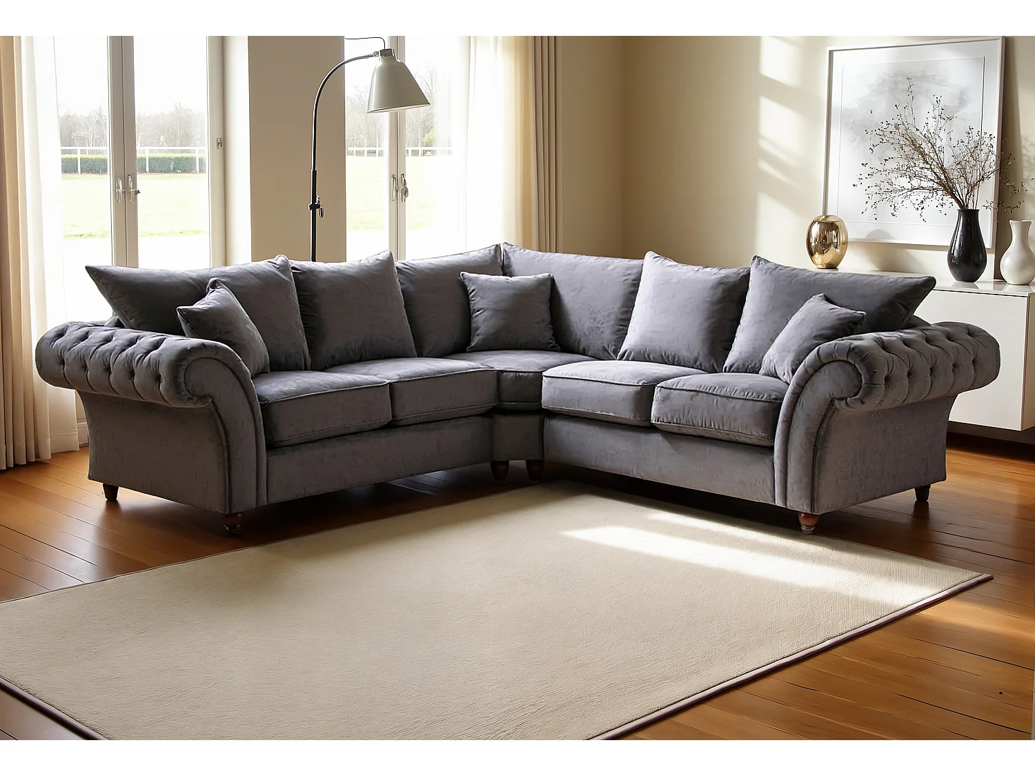Windsor Corner Sofa in Soft Grey with a luxurious finish
