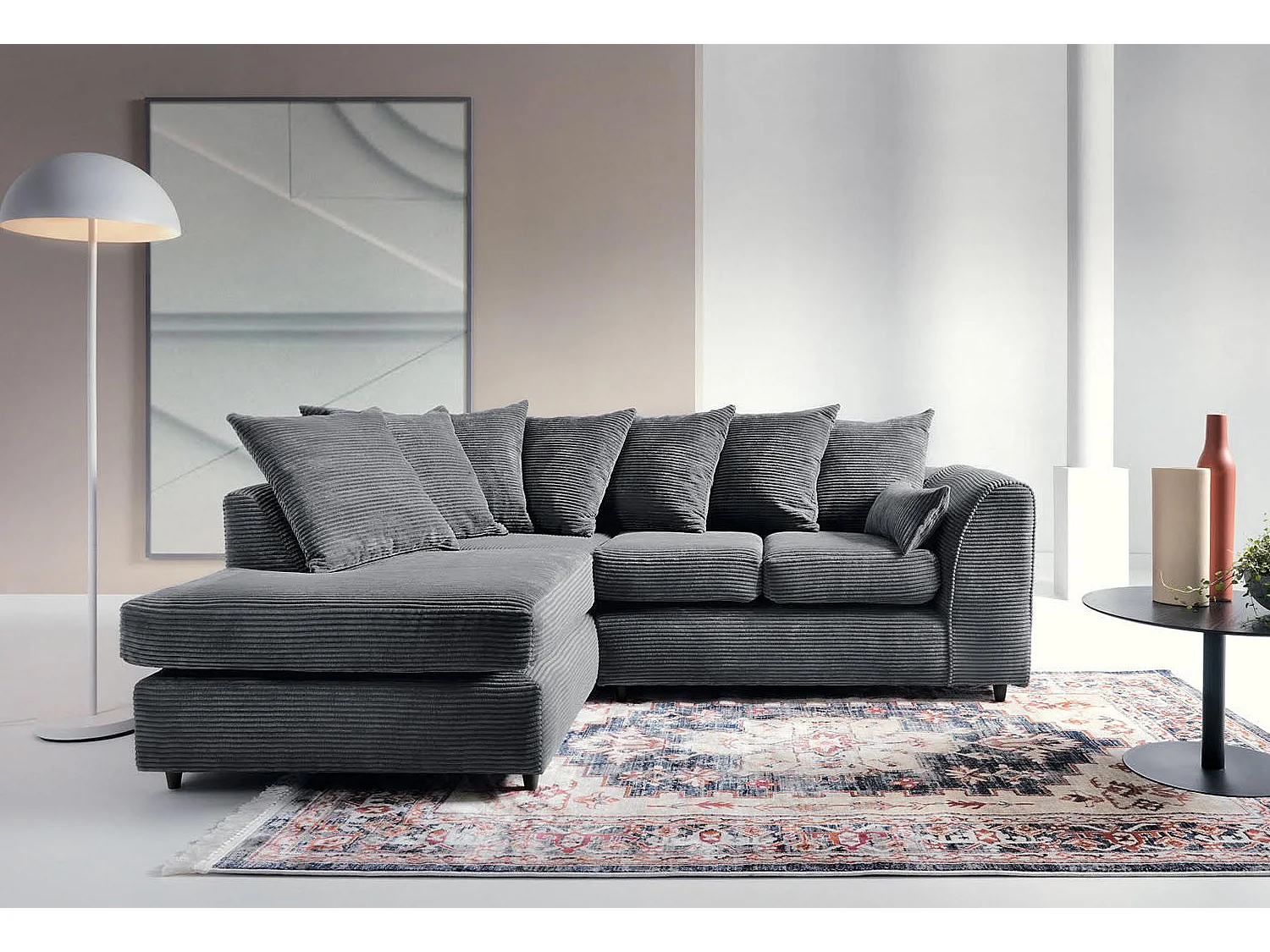 Jumbo Cord Fabric Corner Sofa with Scatter Cushions Left Facing Grey