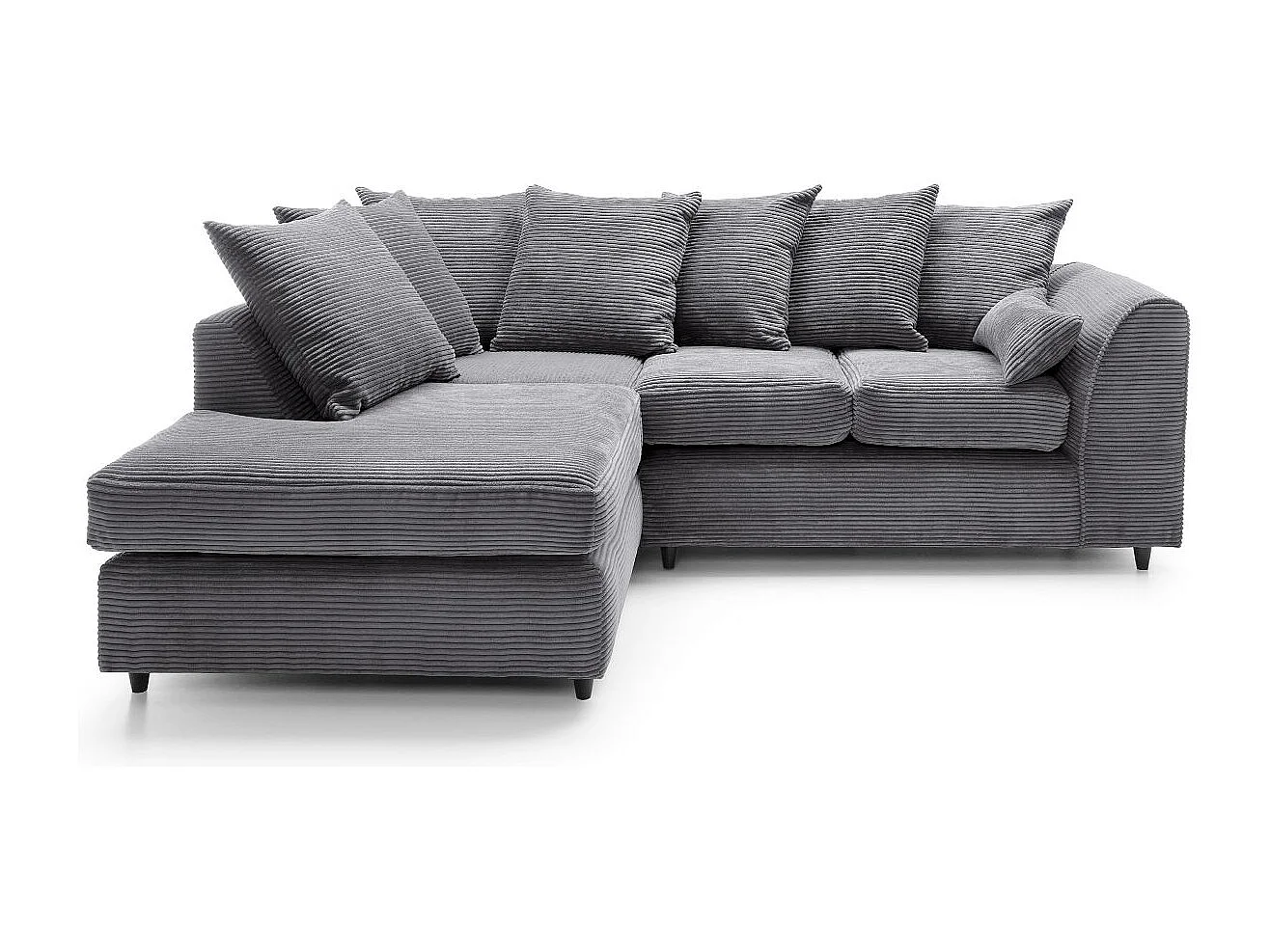 Jumbo Cord Fabric Corner Sofa with Scatter Cushions Left Facing Grey