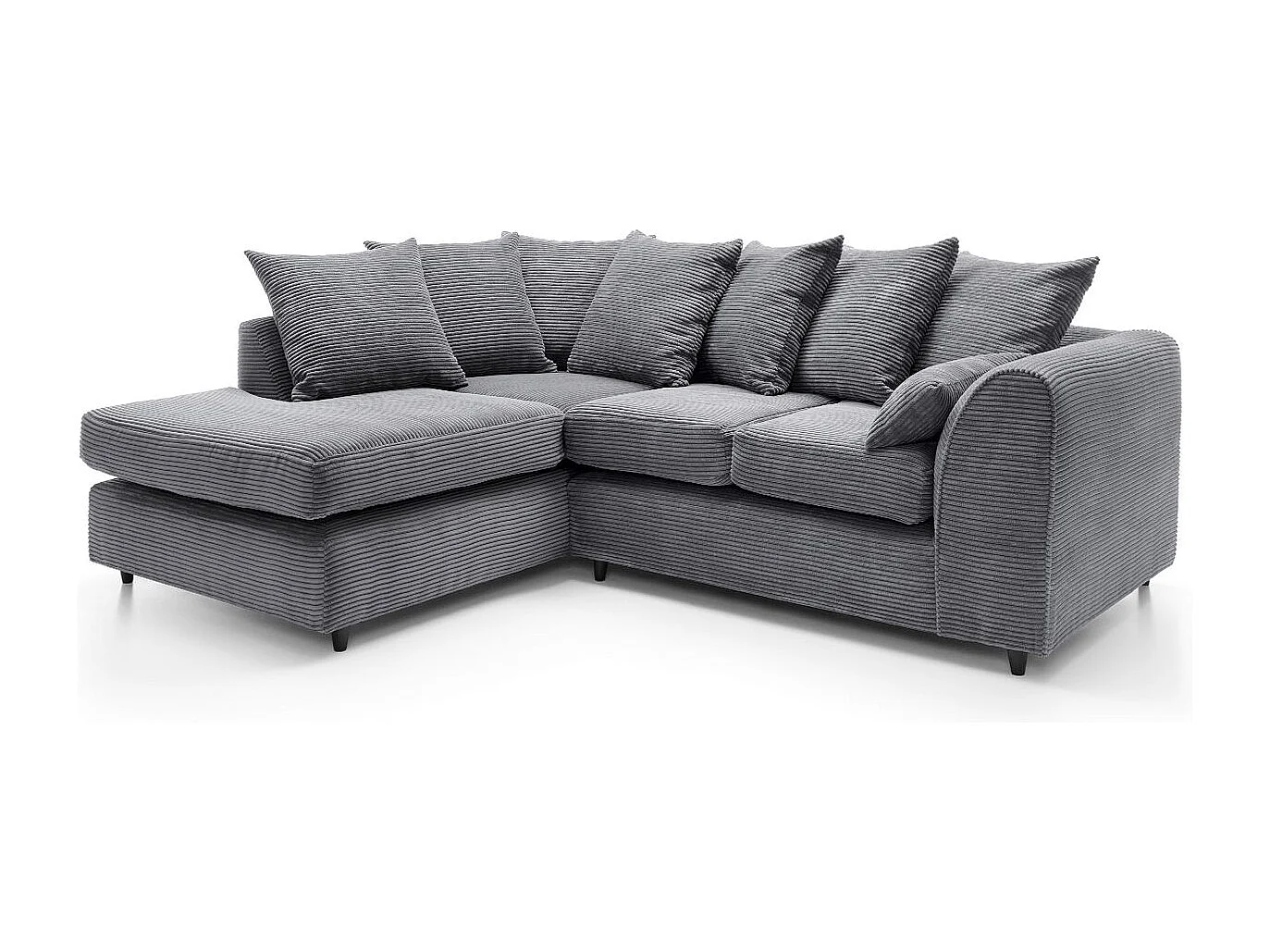 Jumbo Cord Fabric Corner Sofa with Scatter Cushions Left Facing Grey