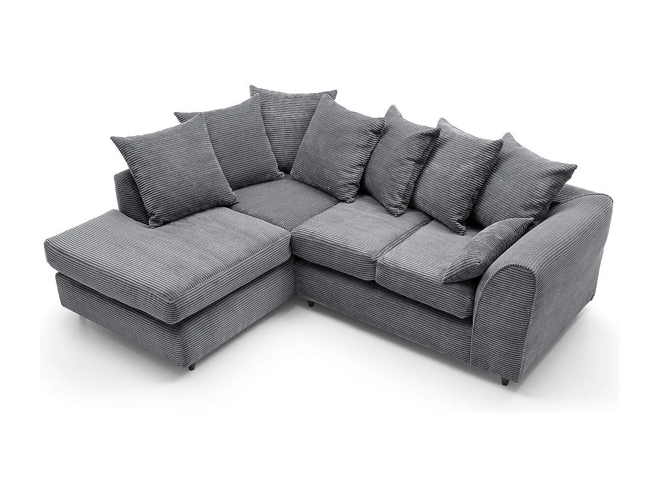 Jumbo Cord Fabric Corner Sofa with Scatter Cushions Left Facing Grey
