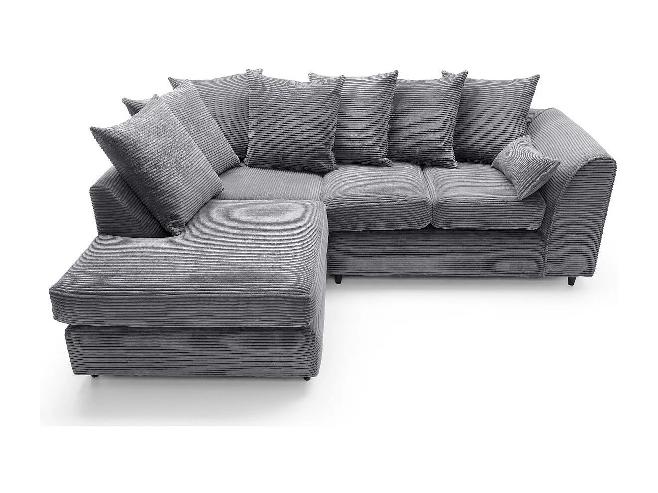 Jumbo Cord Fabric Corner Sofa with Scatter Cushions Left Facing Grey