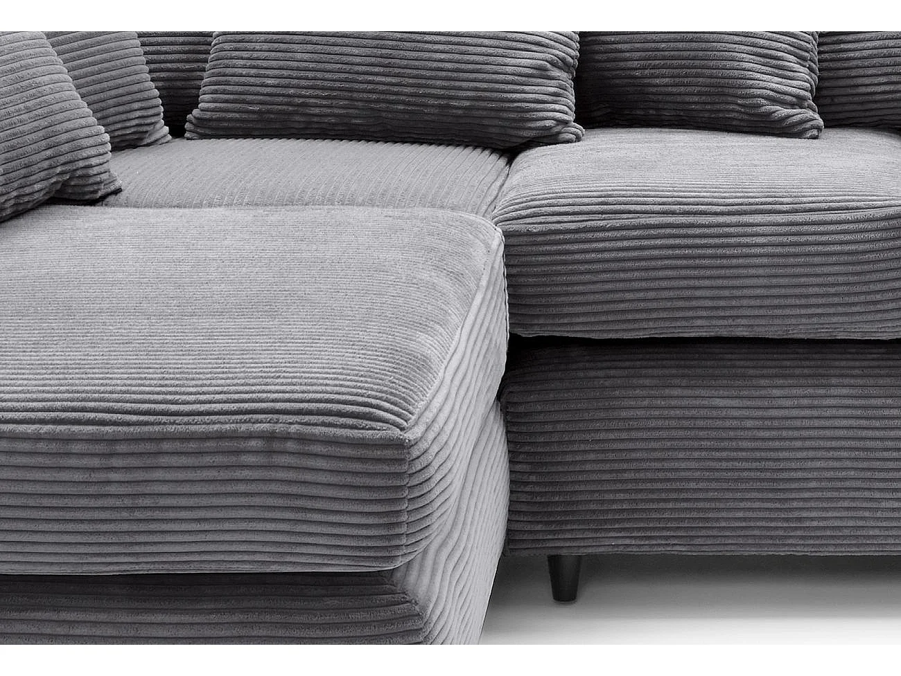 Jumbo Cord Fabric Corner Sofa with Scatter Cushions Left Facing Grey