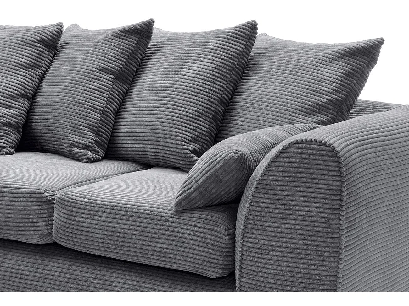 Jumbo Cord Fabric Corner Sofa with Scatter Cushions Left Facing Grey
