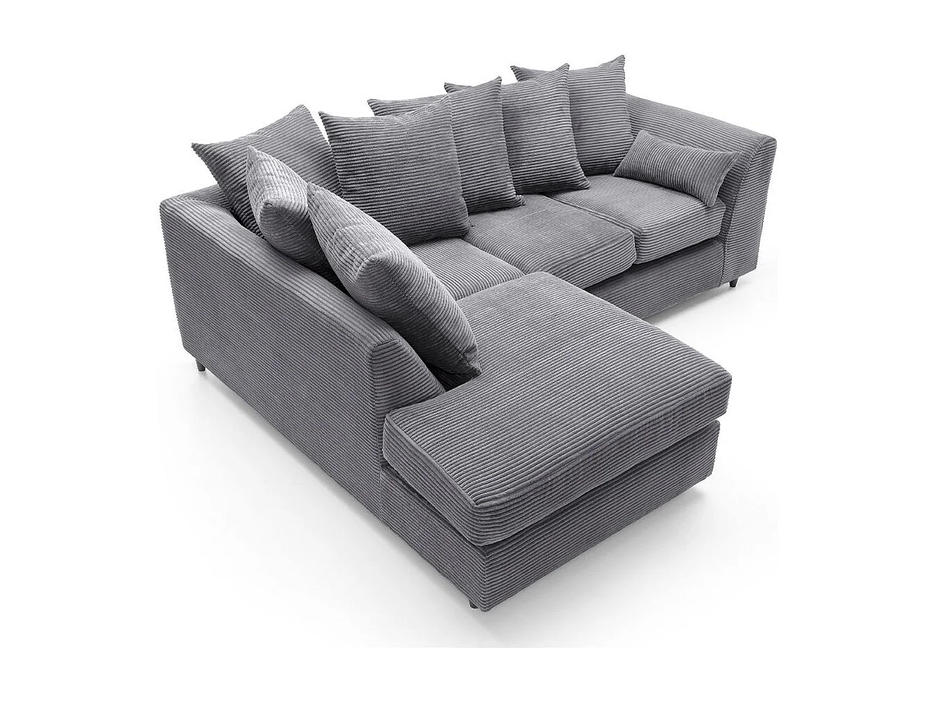Jumbo Cord Fabric Corner Sofa with Scatter Cushions Left Facing Grey