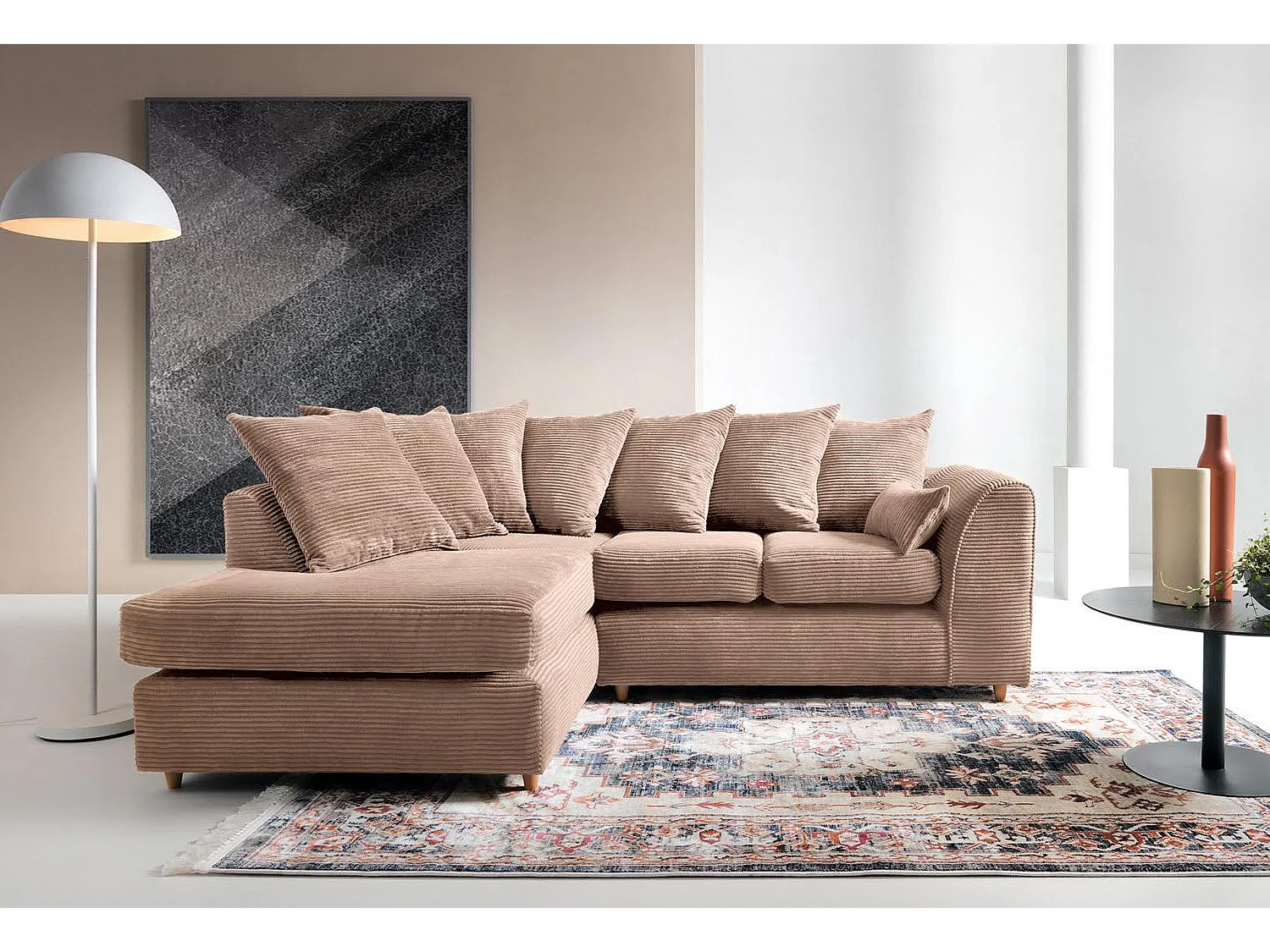 Jumbo Cord Fabric Corner Sofa with Scatter Cushions Left Facing Brown