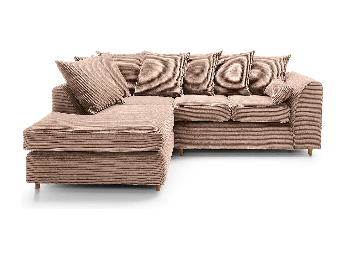 Jumbo Cord Fabric Corner Sofa with Scatter Cushions Left Facing Brown
