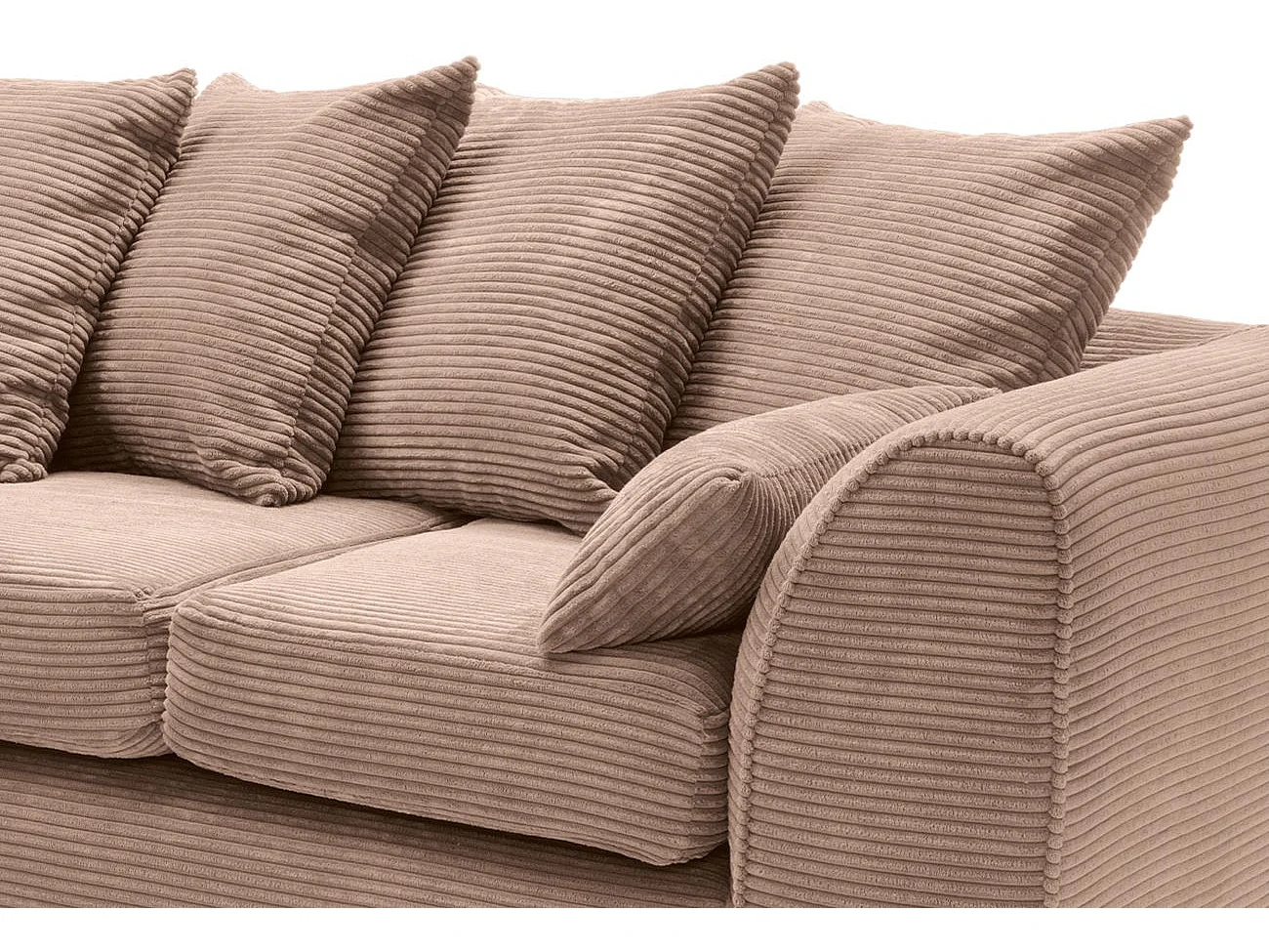 Jumbo Cord Fabric Corner Sofa with Scatter Cushions Left Facing Brown