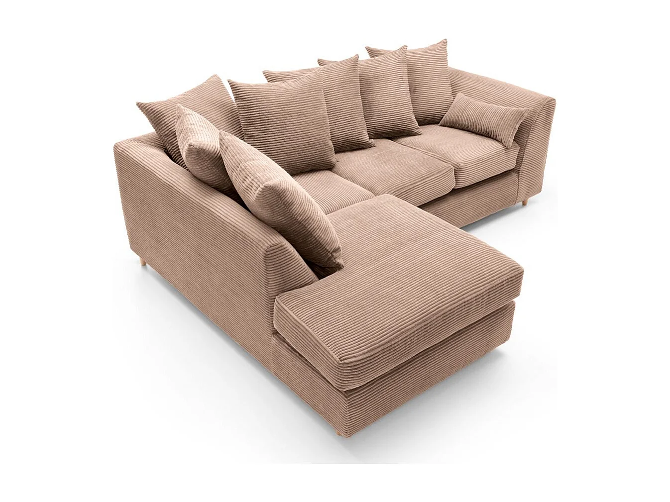 Jumbo Cord Fabric Corner Sofa with Scatter Cushions Left Facing Brown