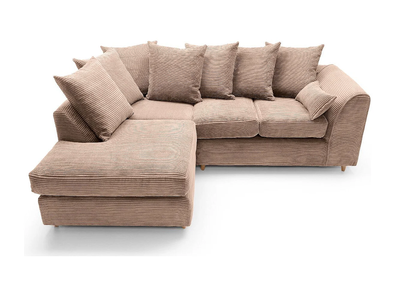 Jumbo Cord Fabric Corner Sofa with Scatter Cushions Left Facing Brown